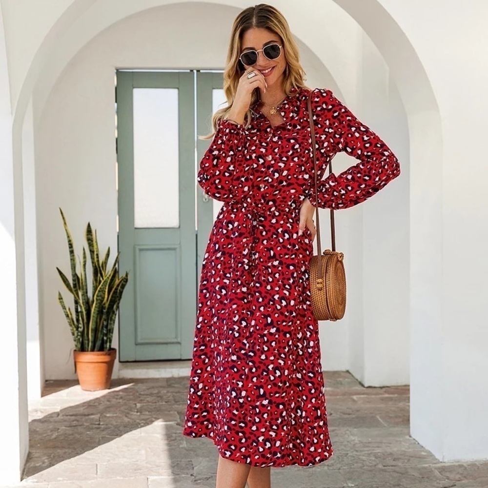 Red Midi Dress Women High Waist Long Sleeve Robe Femme Vintage Work